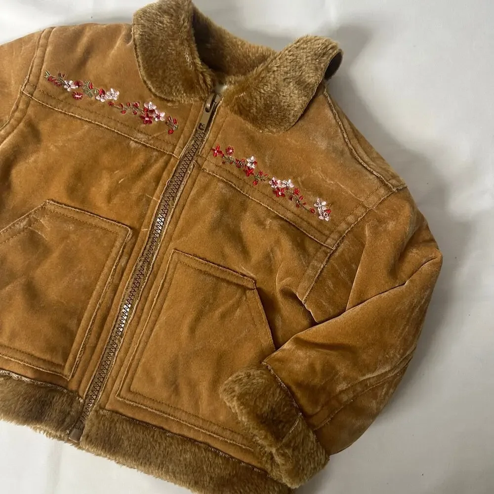 Vintage B.T. Kids Floral Embroidered Brown Faux Fur Suede Jacket / Coat Sz 18 mo